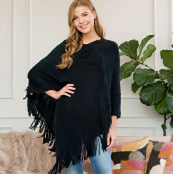 Free People Sweaters - Black Free People Poncho with Fringe NWT